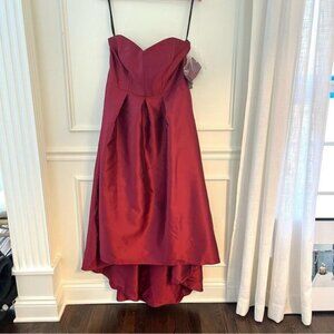 Alfred Sung High Low Strapless Satin Gown, Burgundy Red, Size 14R NWT